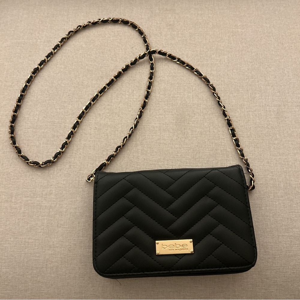 Bebe Quilted Black Crossbody with Gold Chain